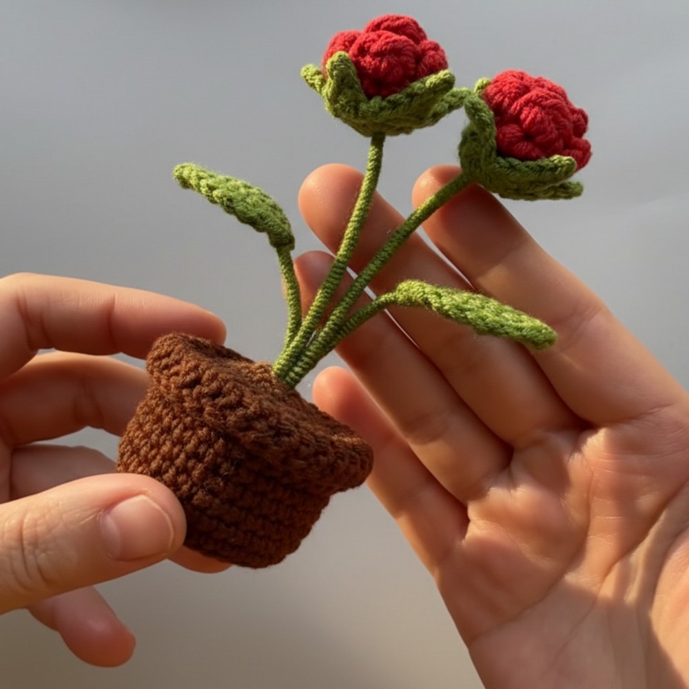 Fun Crochet Rose Flower Pot Pattern to Decorate Shelves