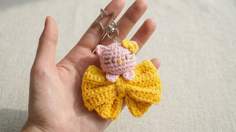Easy Free Crochet Kitty Bow Keychain Pattern for Your Keys 